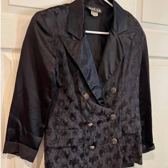Vintage 90s Addiction Black Jacquard Satin Blazer Size Medium - Picture 12 of 16